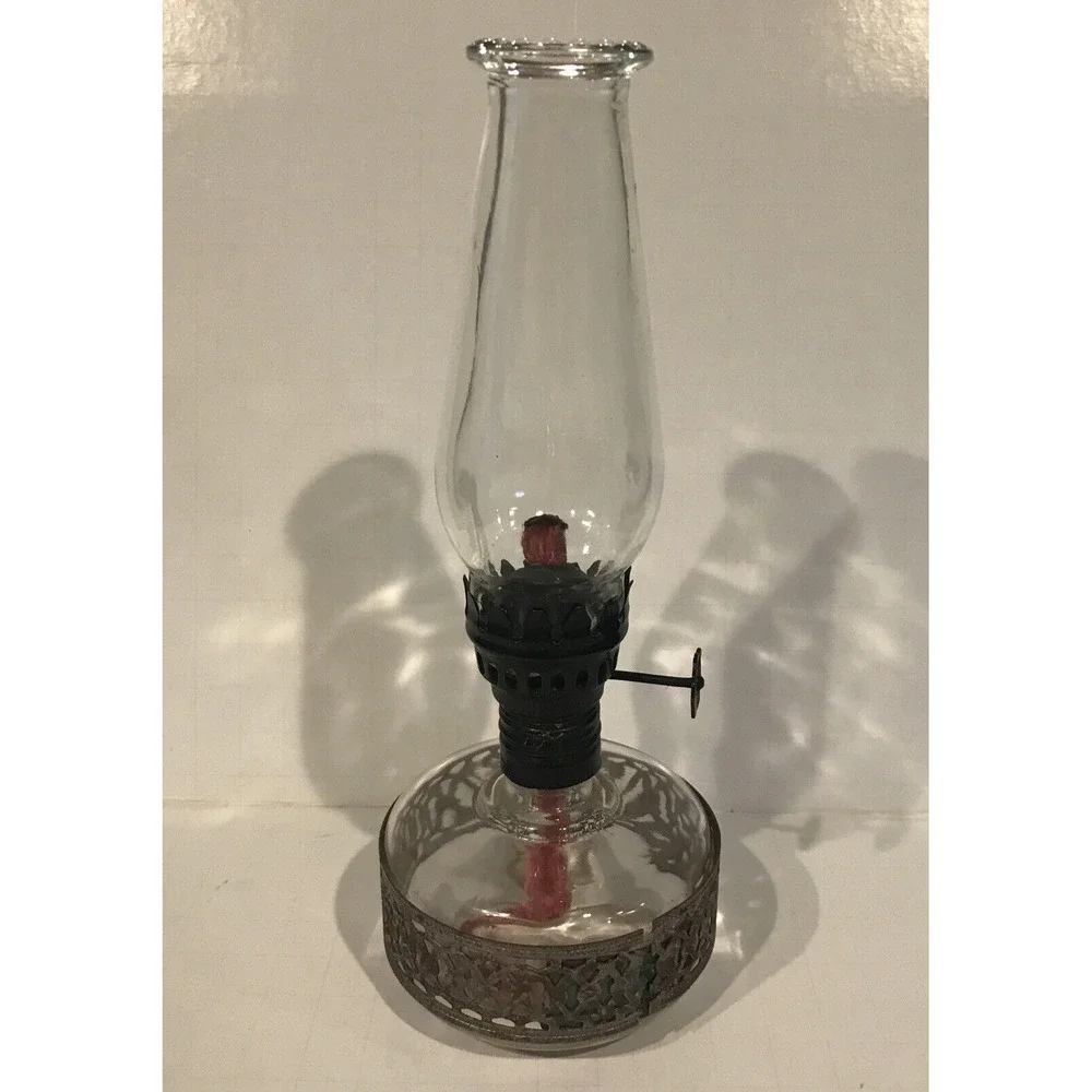 GLASS‎ OIL KEROSENE LAMP RETICULATED METAL BAND 8